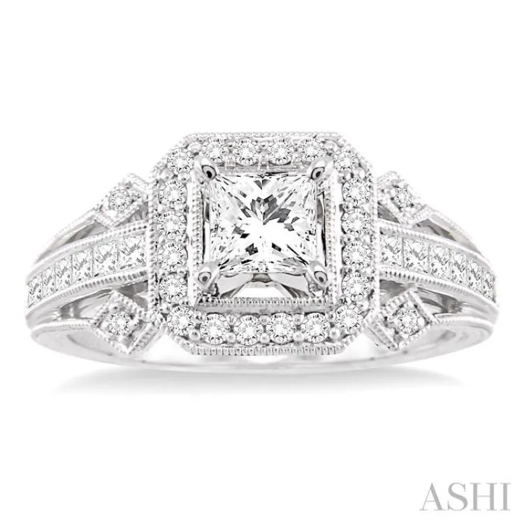 1 Ctw Diamond Engagement Ring with 1/2 Ct Princess Cut Center Stone in 14K White Gold