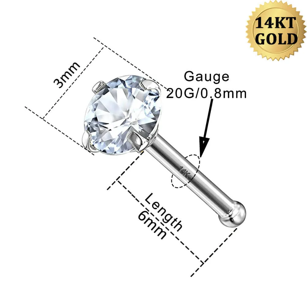 14K White Gold 20G Round CZ Nose Stud