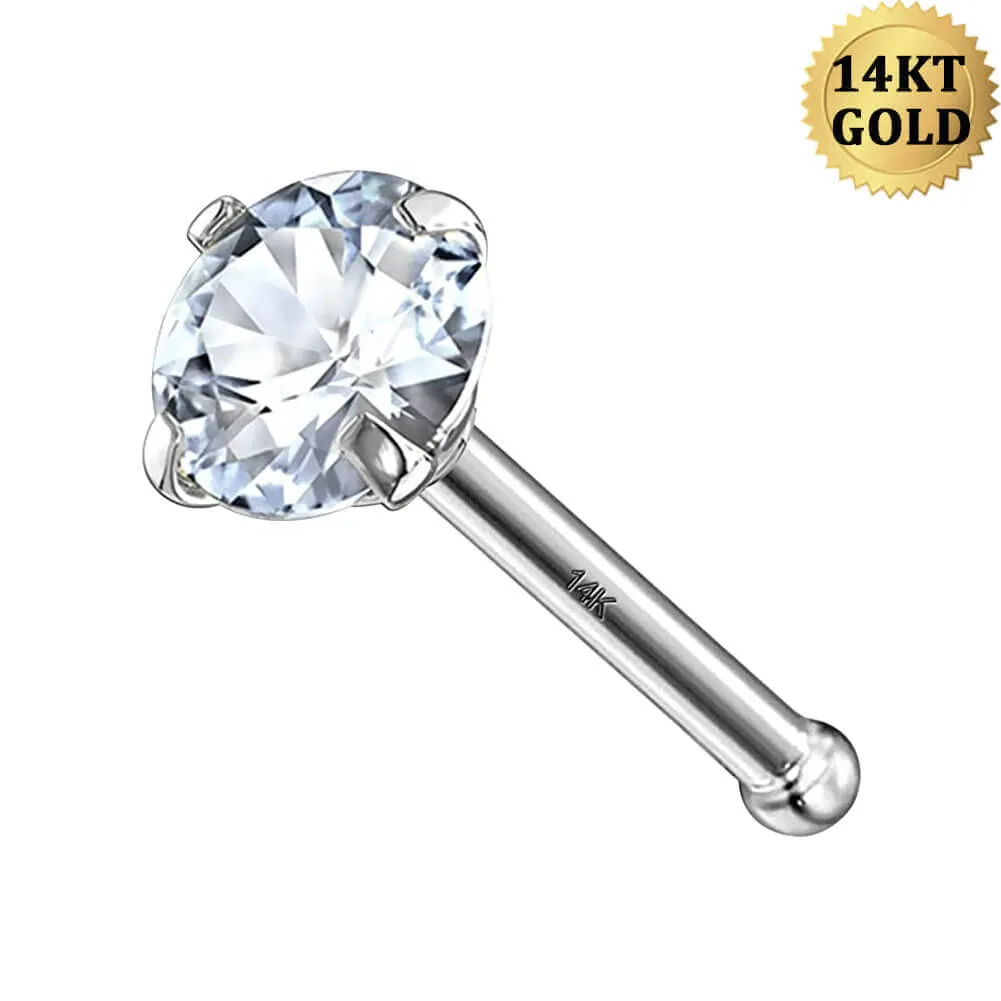 14K White Gold 20G Round CZ Nose Stud