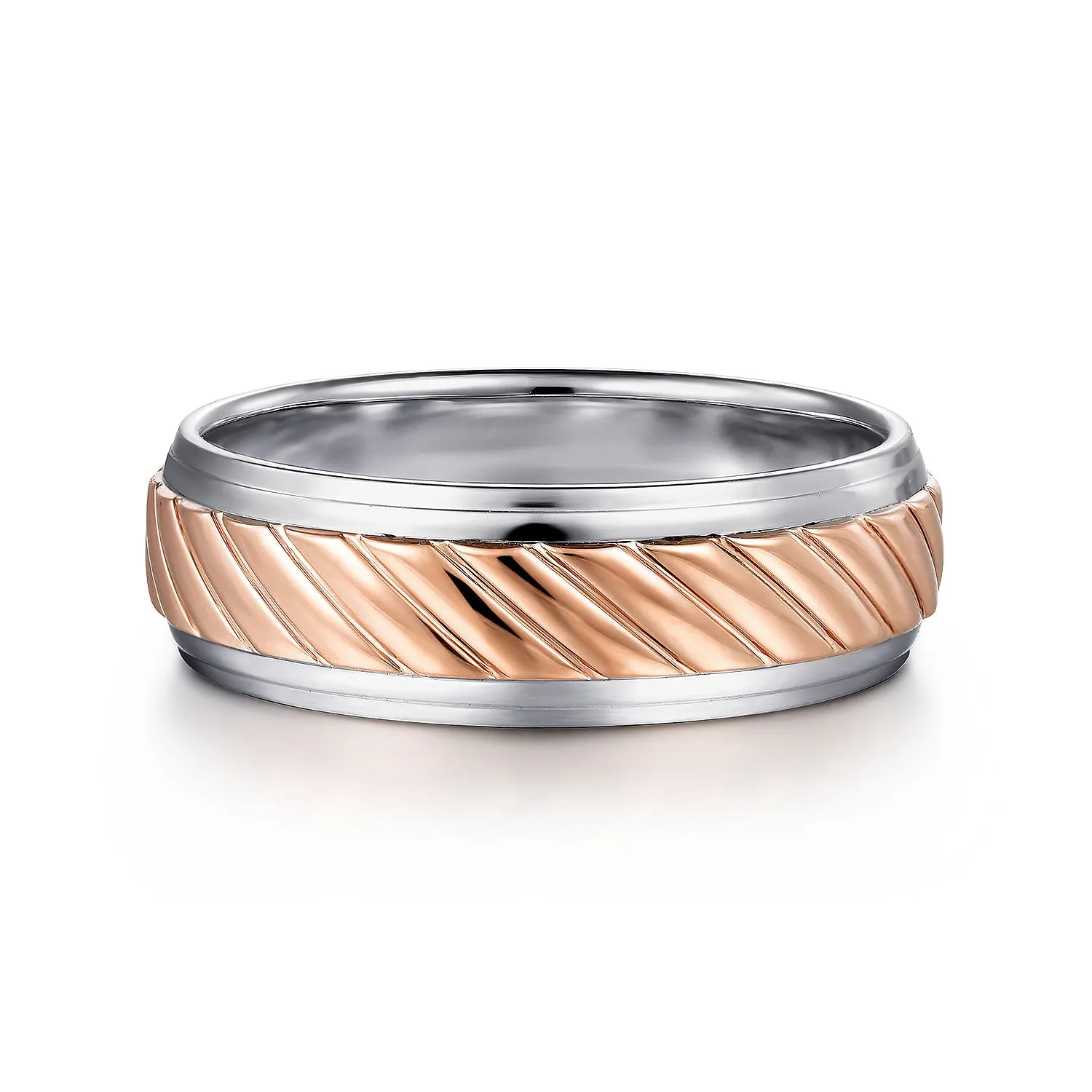 14K White-Rose Gold 7mm - Two Tone Carved Men's Wedding Band