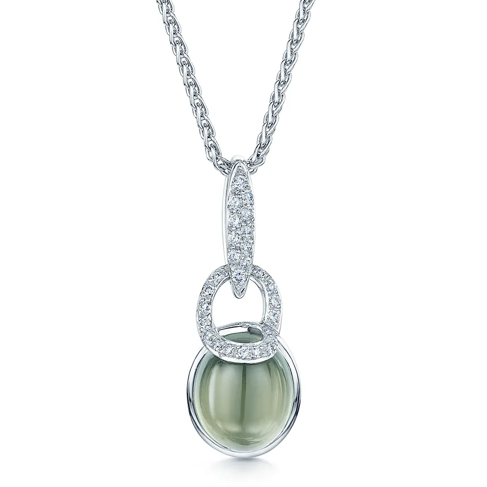 18ct White Gold Cabochon Prehnite & Diamond Pendant