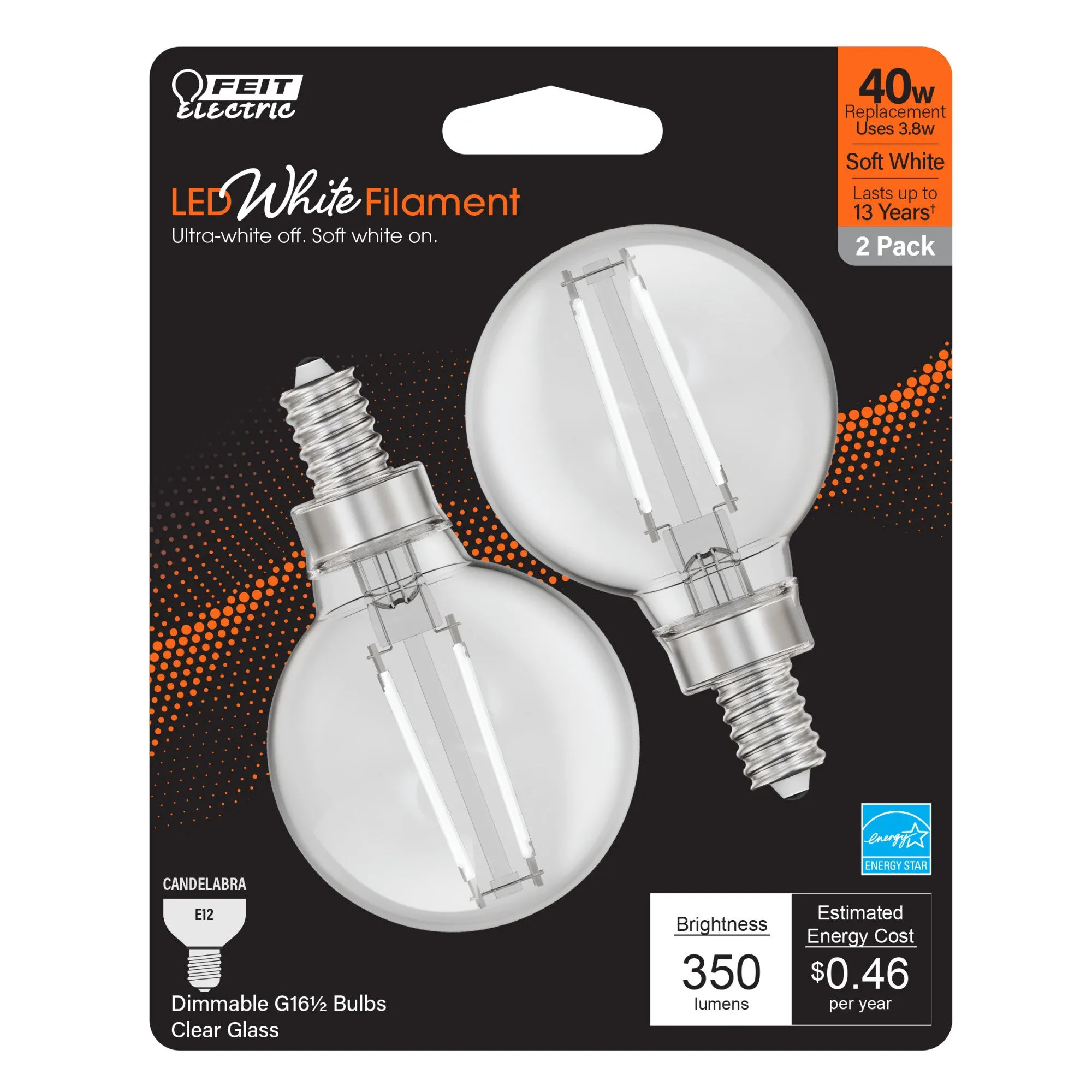 3.8 W (40W Equivalent) Soft White (2700K) G16 1/2 Globe Shape (E12 Base) Exposed White Filament LED Bulb (2-Pack)