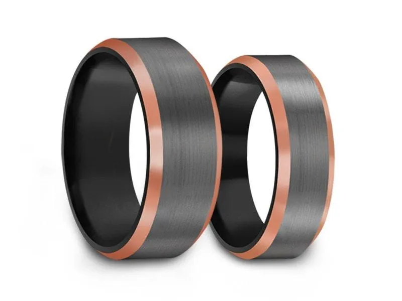 6MM/8MM BRUSHED GRAY GUNMETAL Tungsten Wedding Band Set ROSE GOLD EDGES AND BLACK INTERIOR