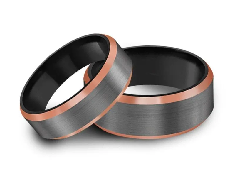 6MM/8MM BRUSHED GRAY GUNMETAL Tungsten Wedding Band Set ROSE GOLD EDGES AND BLACK INTERIOR