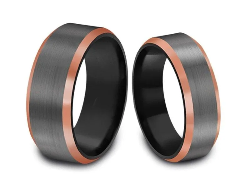 6MM/8MM BRUSHED GRAY GUNMETAL Tungsten Wedding Band Set ROSE GOLD EDGES AND BLACK INTERIOR