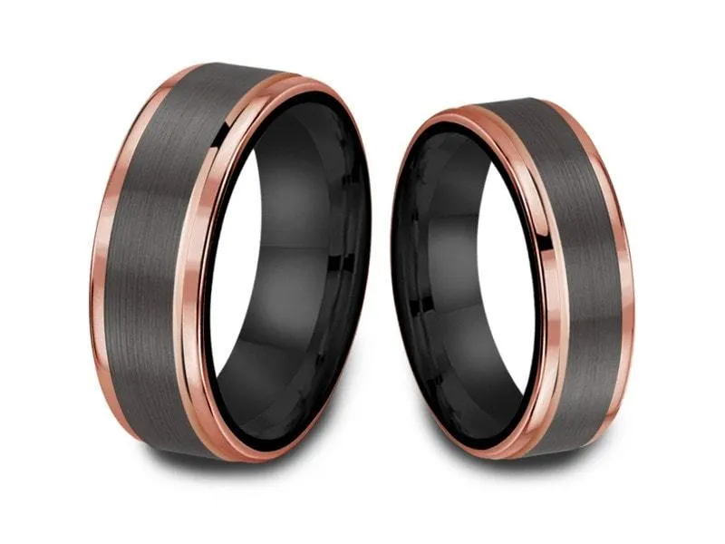 6MM/8MM BRUSHED GRAY GUNMETAL Tungsten Wedding Band Set ROSE GOLD EDGES AND BLACK INTERIOR