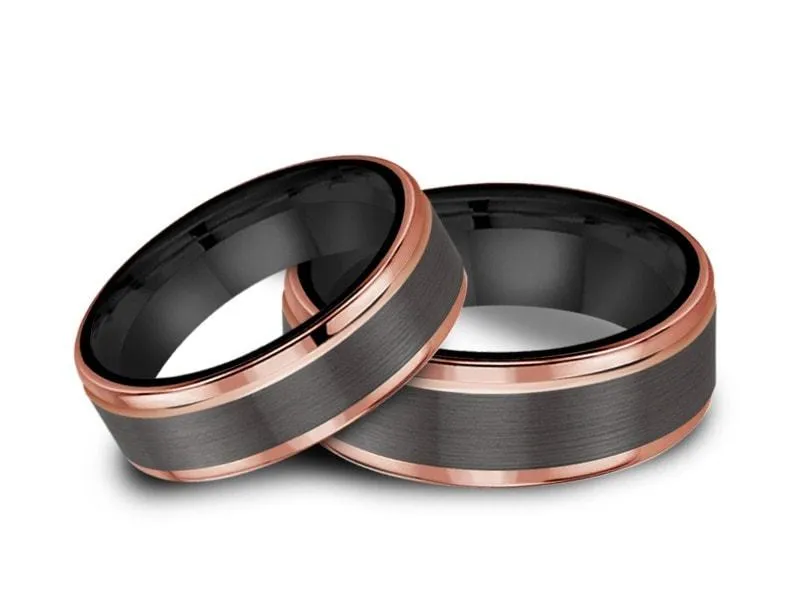 6MM/8MM BRUSHED GRAY GUNMETAL Tungsten Wedding Band Set ROSE GOLD EDGES AND BLACK INTERIOR