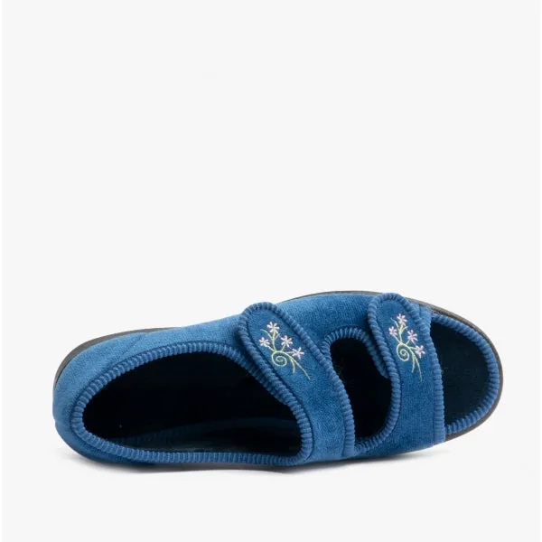 ACE 2 Ladies Extra Wide (2E/4E) Touch Fasten Full Slippers Navy