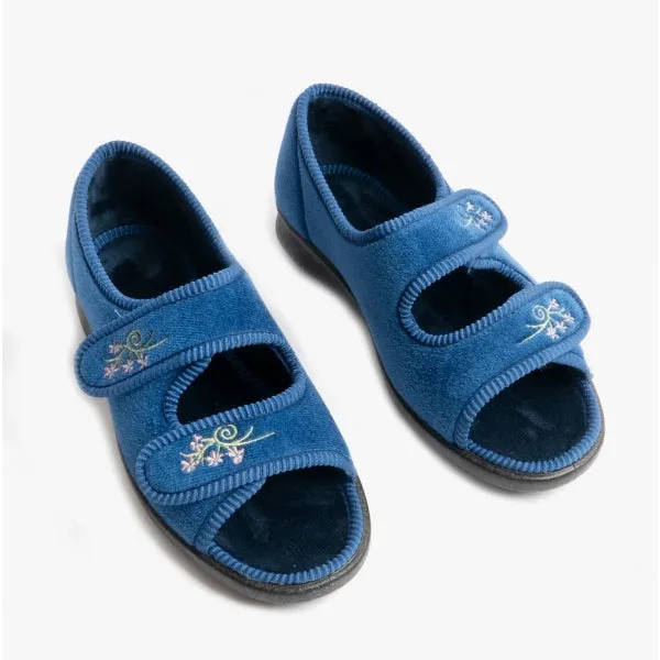 ACE 2 Ladies Extra Wide (2E/4E) Touch Fasten Full Slippers Navy