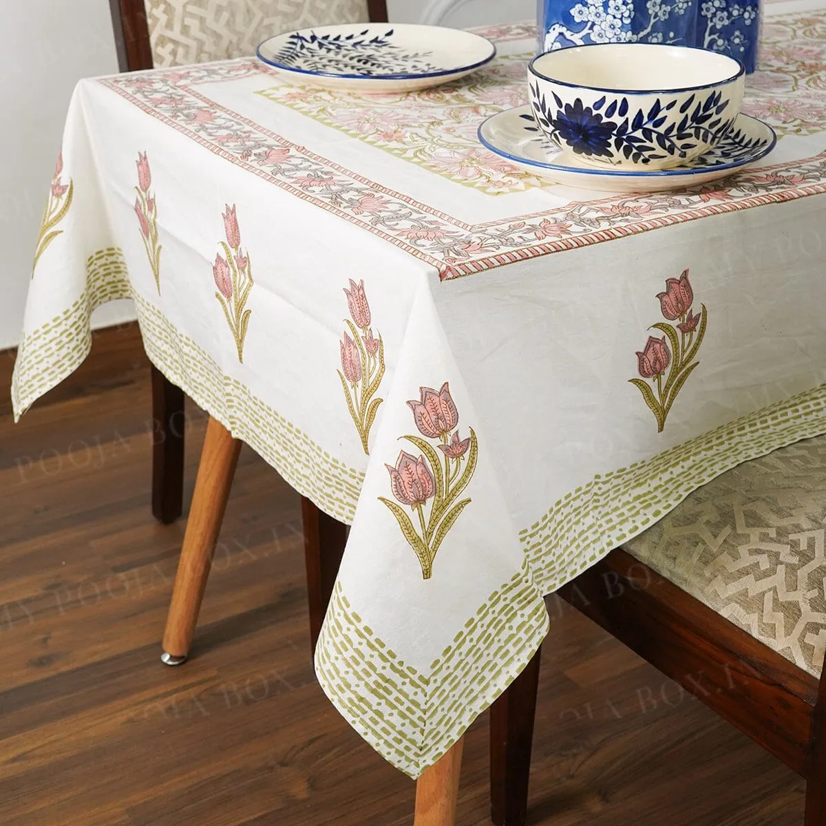 Afjali Tulip Floral Block Printed Table Cover