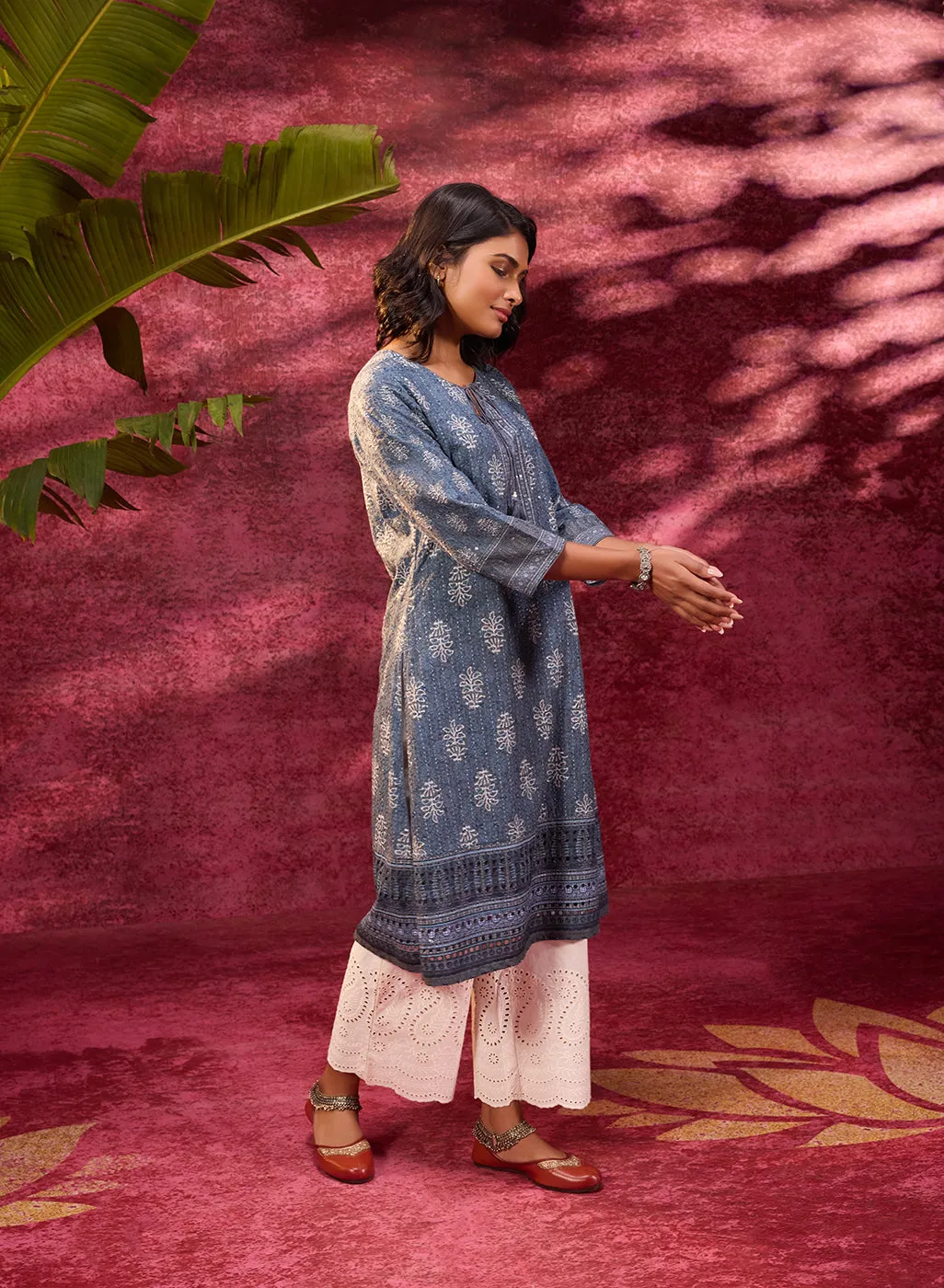 Afreen Gravel Blue Embroidered Cotton Designer Kurta