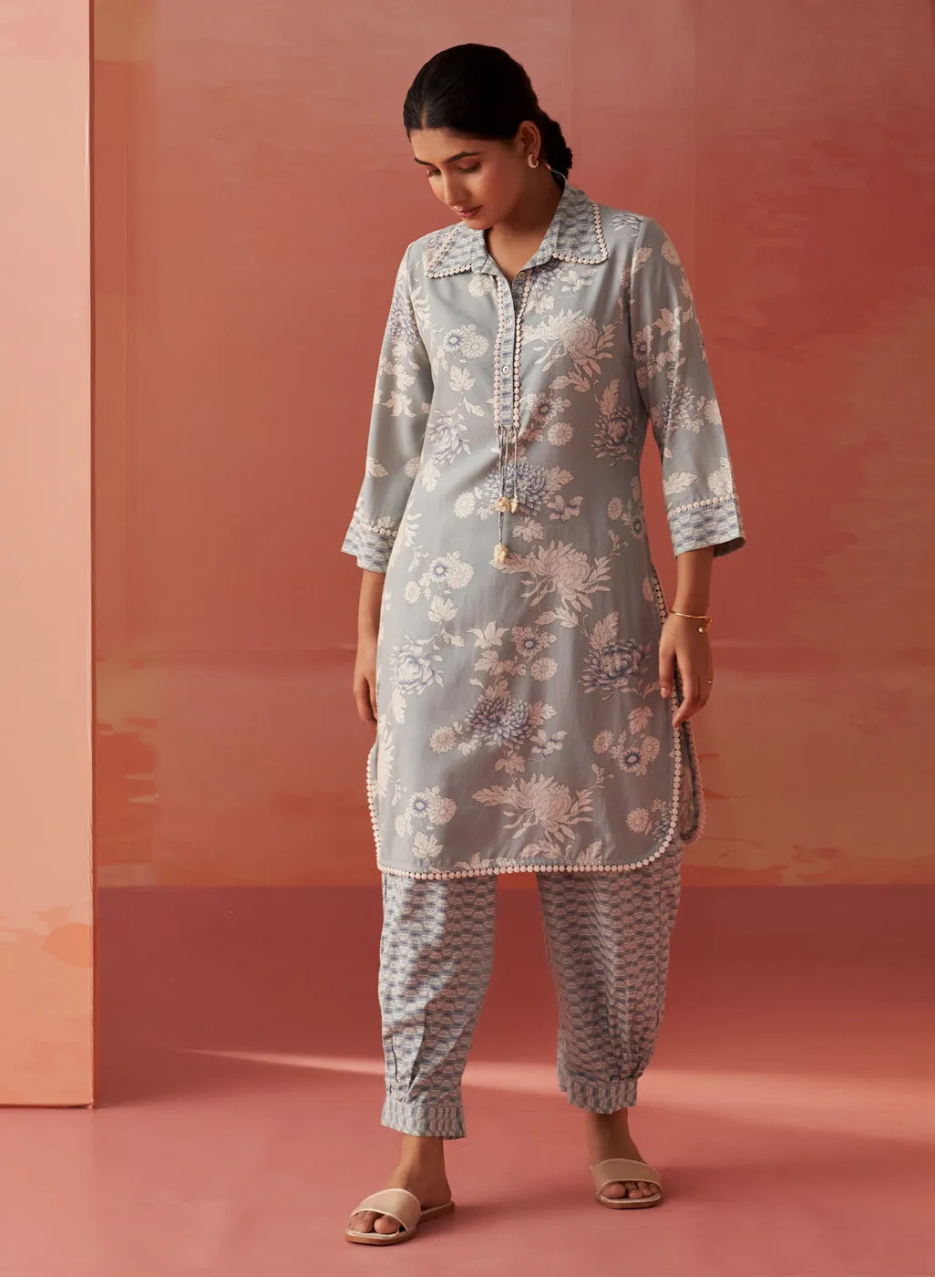 Alvia Silver Grey Printed Viscose Cotton Straight Co-ord Set