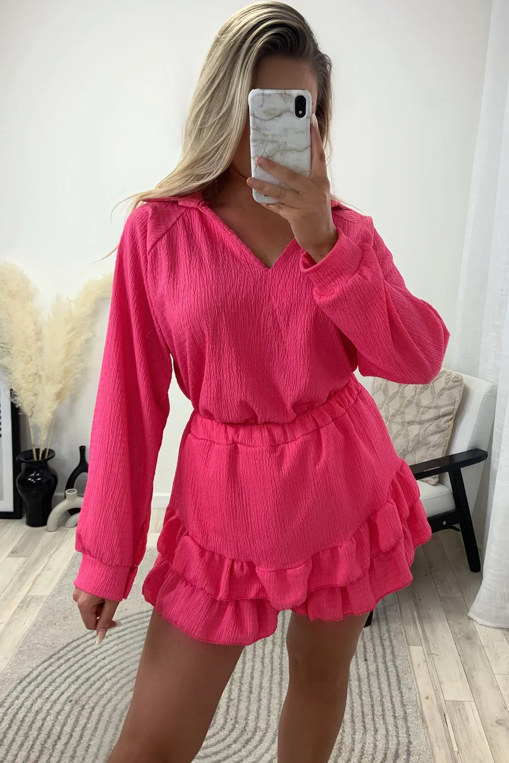 Asha Pink Textured Oversized Top and Frill Shorts Co-Ord Set