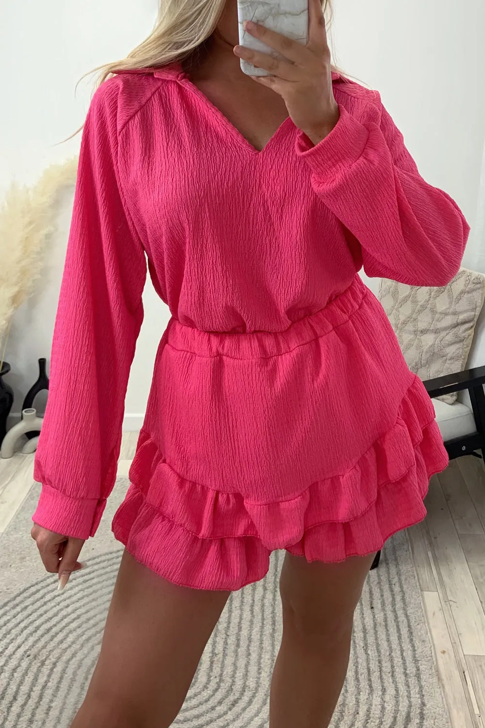 Asha Pink Textured Oversized Top and Frill Shorts Co-Ord Set