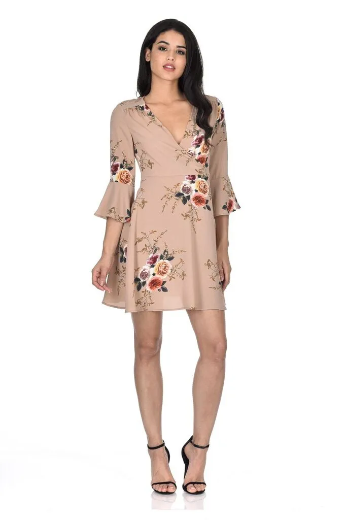 Beige Printed Wrap Over Skater Dress