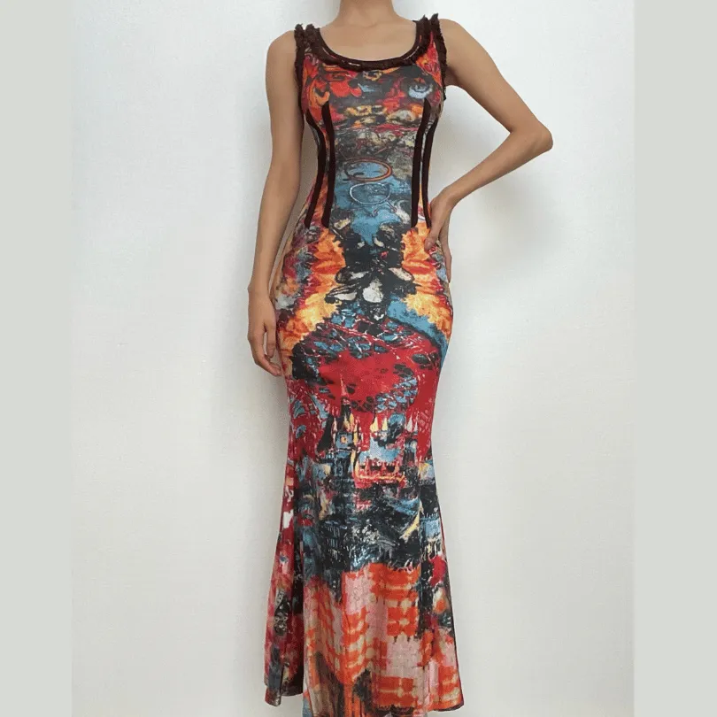 BerriesJam - Abstract U Neck Ruffle Self Tie Backless Maxi Dress