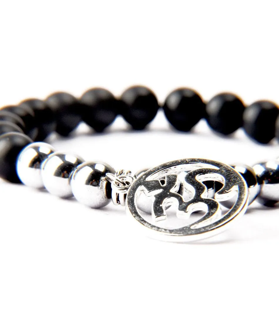 Black Agate & Silver Om Charm Bracelet