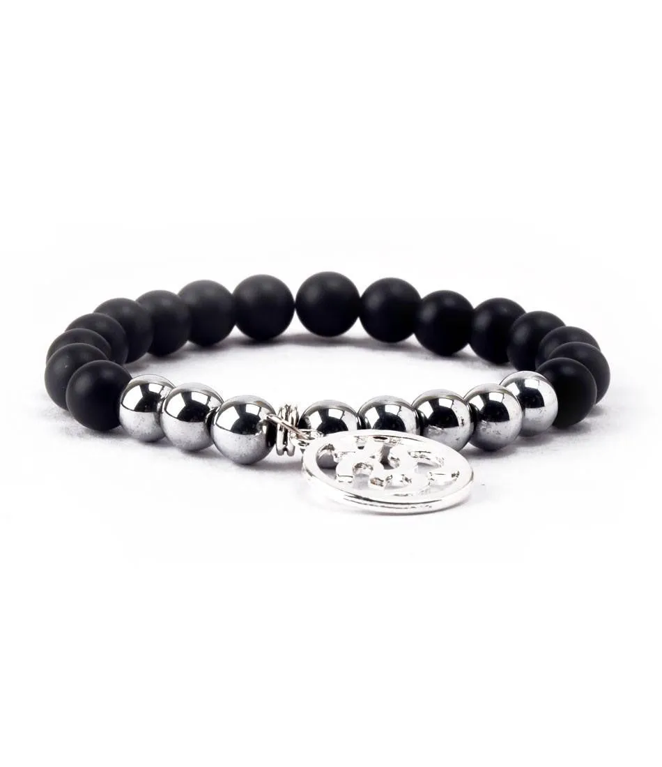 Black Agate & Silver Om Charm Bracelet