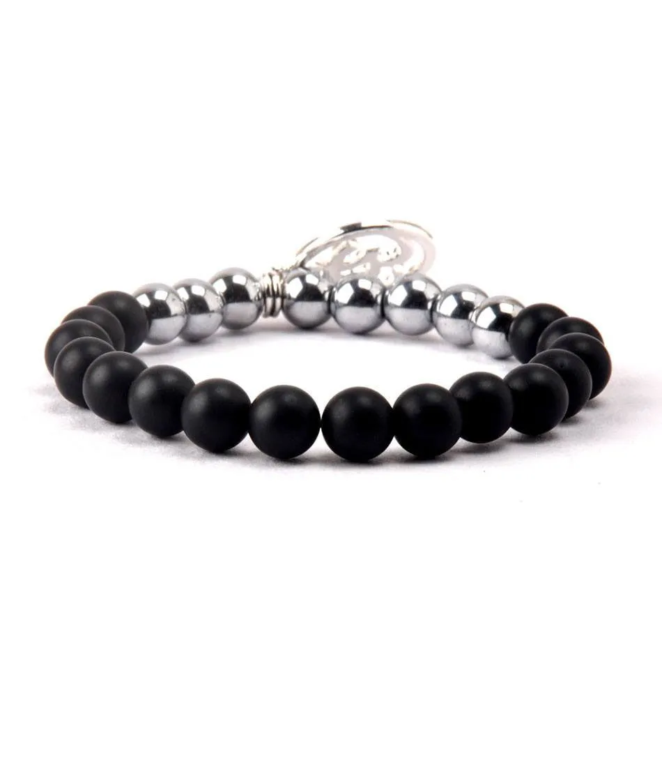 Black Agate & Silver Om Charm Bracelet