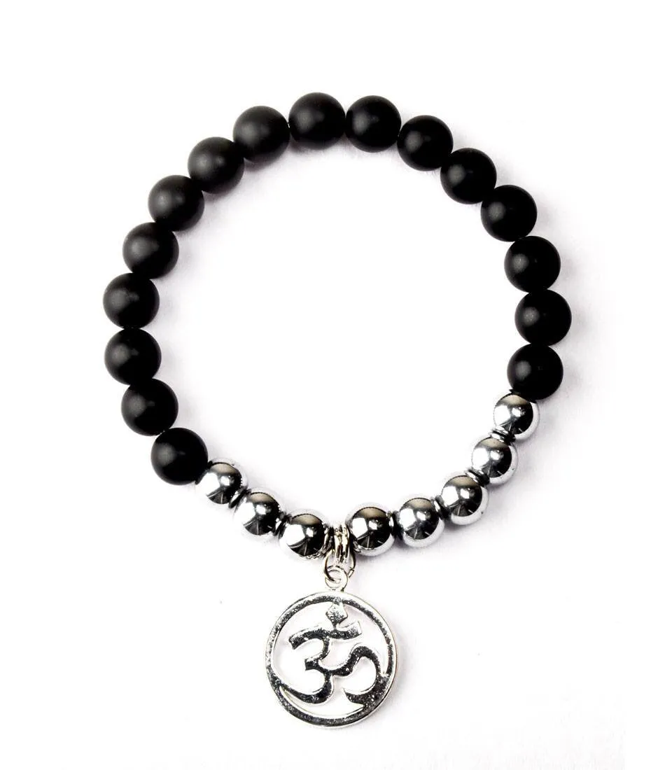 Black Agate & Silver Om Charm Bracelet