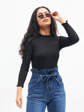 Black Rib High Neck Full Sleeve Top