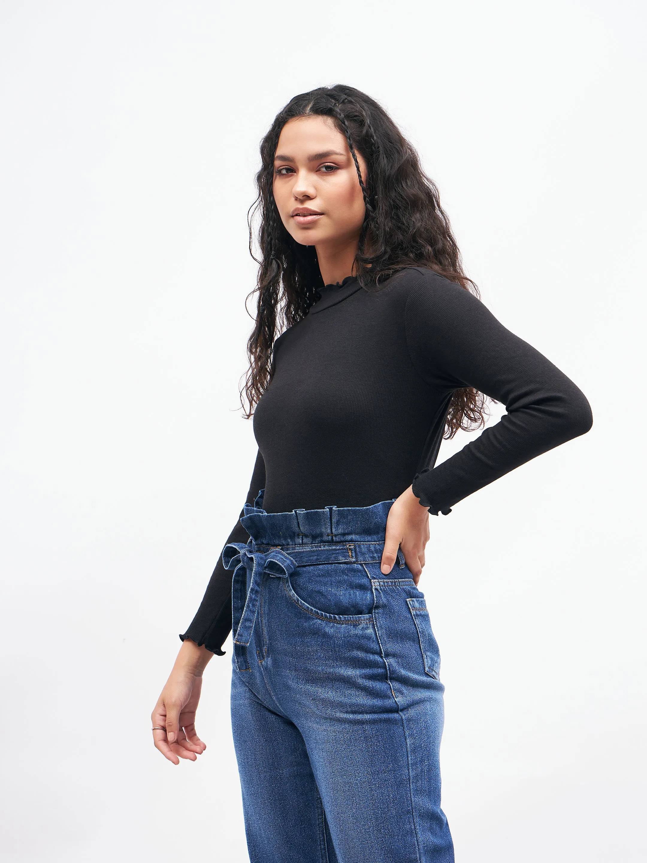 Black Rib High Neck Full Sleeve Top