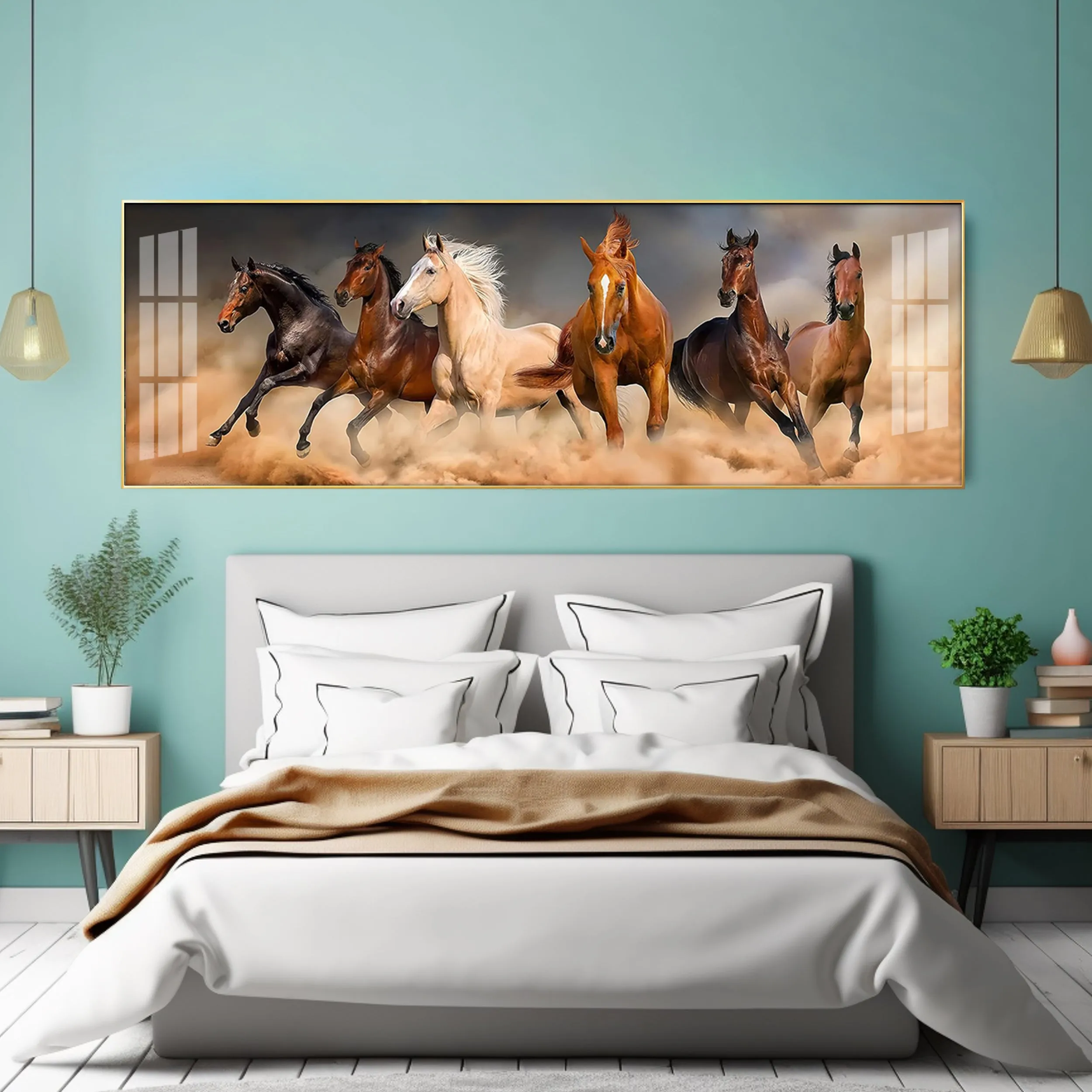 Brown Lucky Horses In Desert Premium Acrylic Horizontal Wall Art