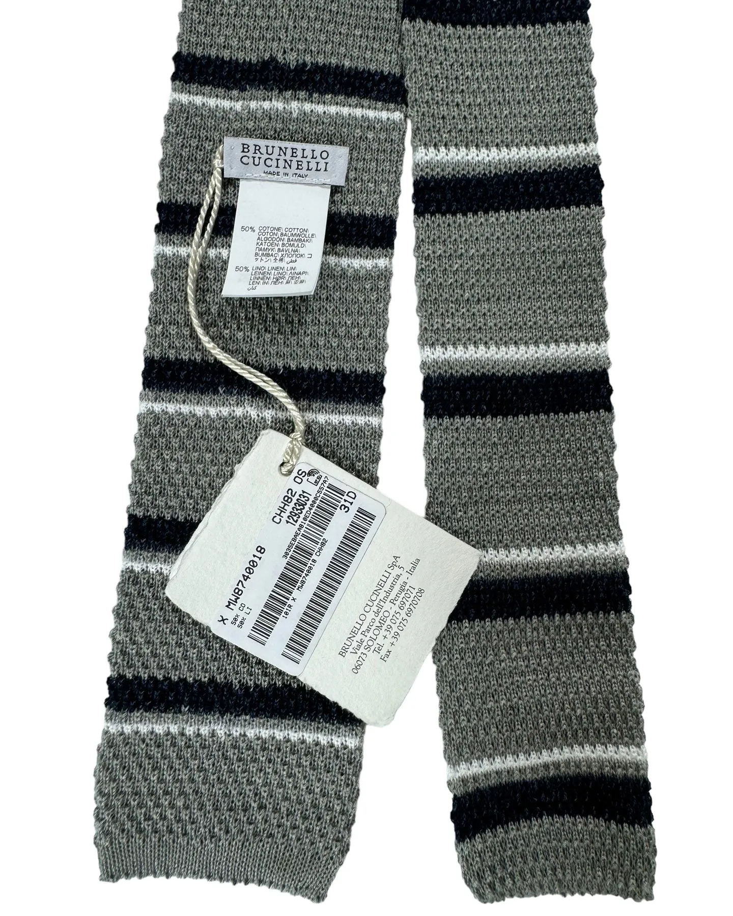 Brunello Cucinelli Square End Knitted Tie Gray Dark Blue Stripes - Linen/ Cotton