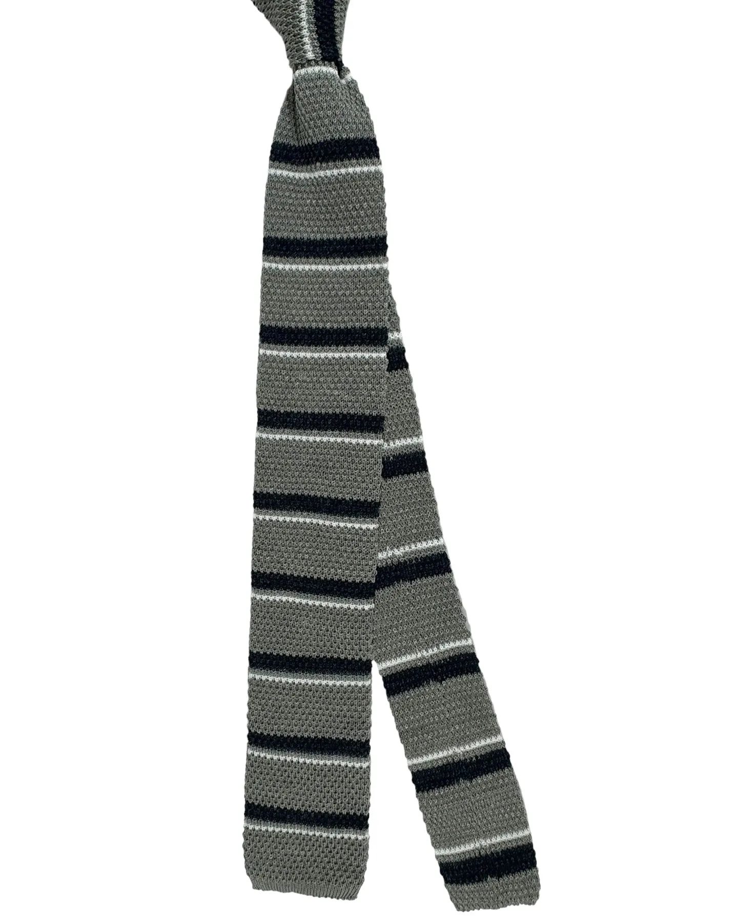 Brunello Cucinelli Square End Knitted Tie Gray Dark Blue Stripes - Linen/ Cotton