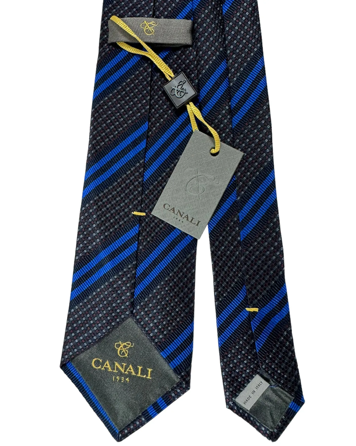 Canali Silk Tie Dark Blue Royal Blue Maroon Gray Stripes Pattern