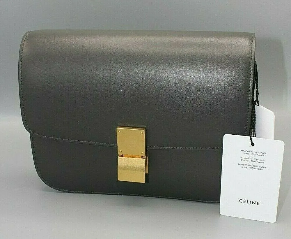 Celine Classical Box Medium Women's Gray Leather Shoulder Bag