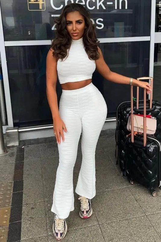 Charlotta White Textured High Neck Crop Top and Flared Trouser Co-Ord Set