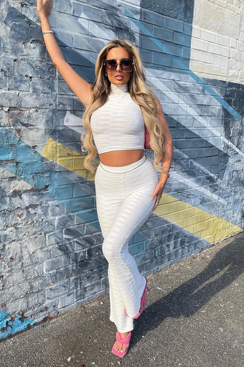 Charlotta White Textured High Neck Crop Top and Flared Trouser Co-Ord Set