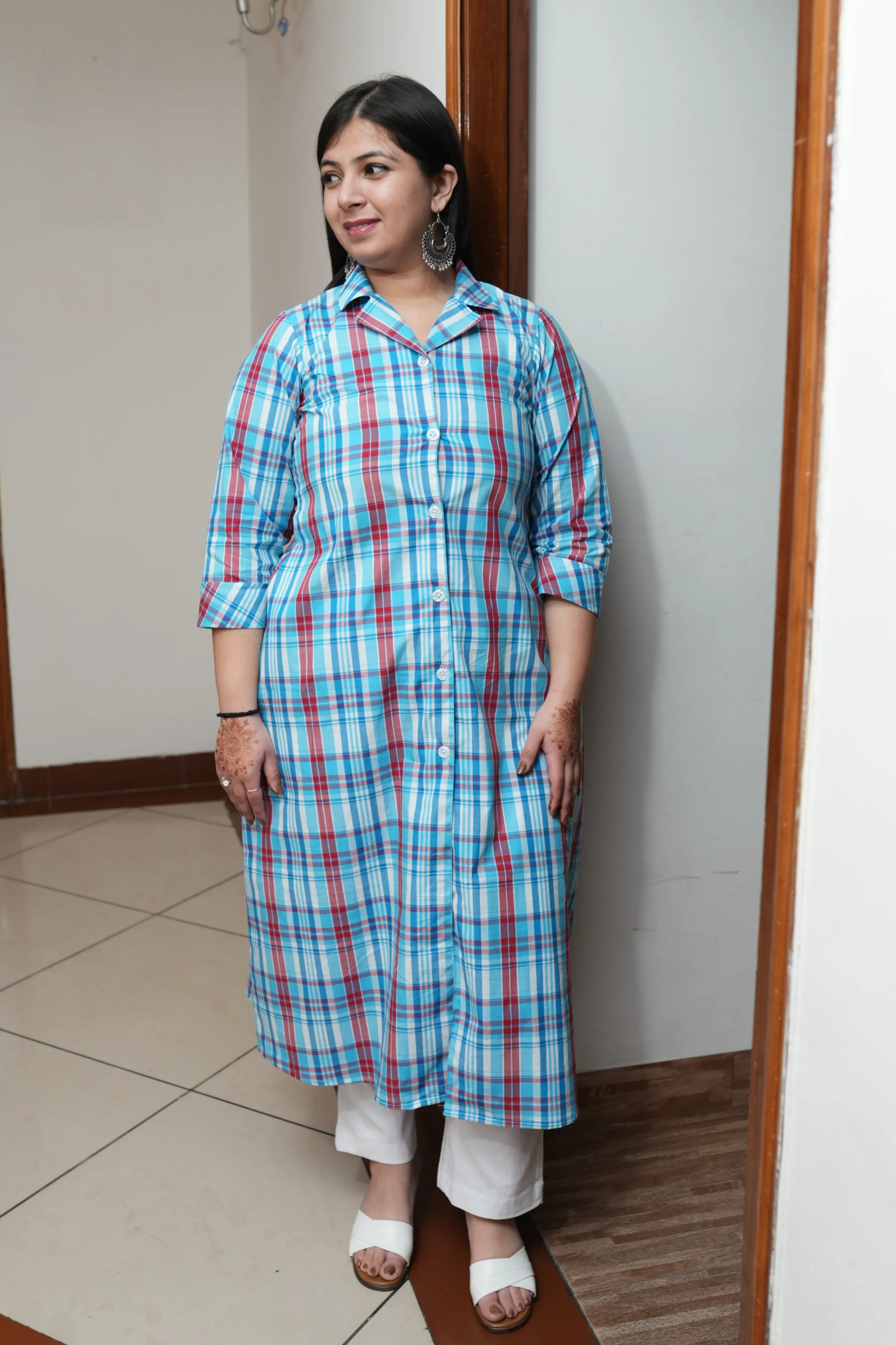 Classic Blue Checked A-Line Kurta