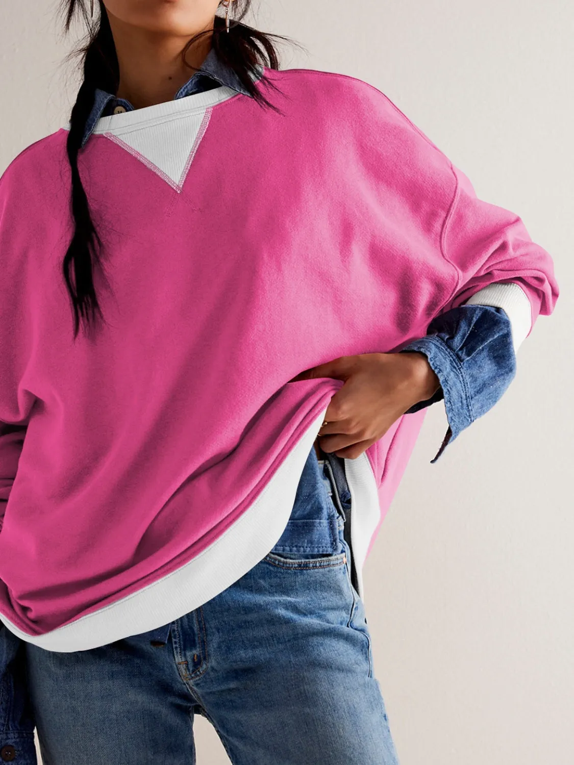 Dropped Shoulder Long Sleeve Sweatshirt with Contrast Detailing