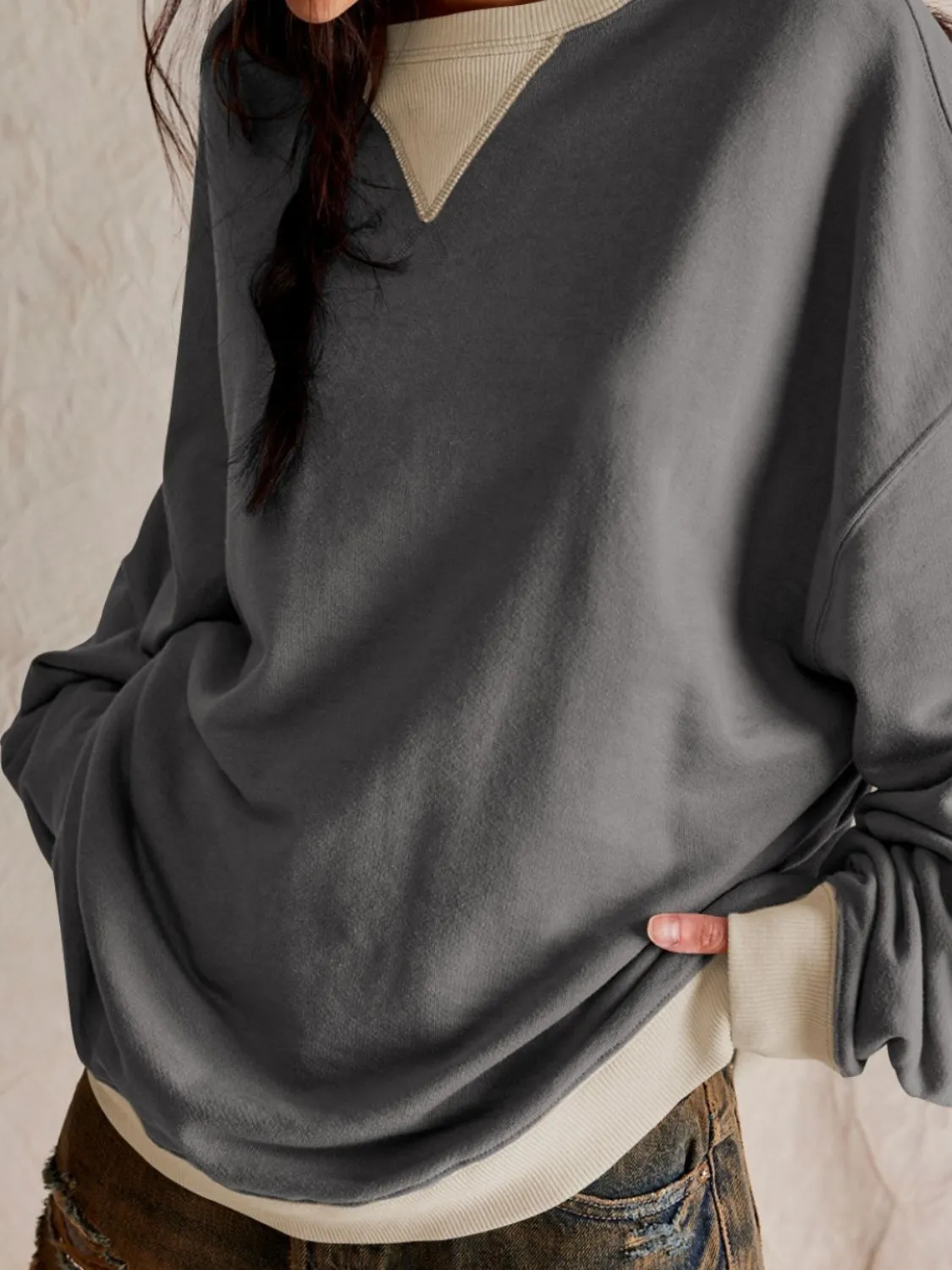 Dropped Shoulder Long Sleeve Sweatshirt with Contrast Detailing