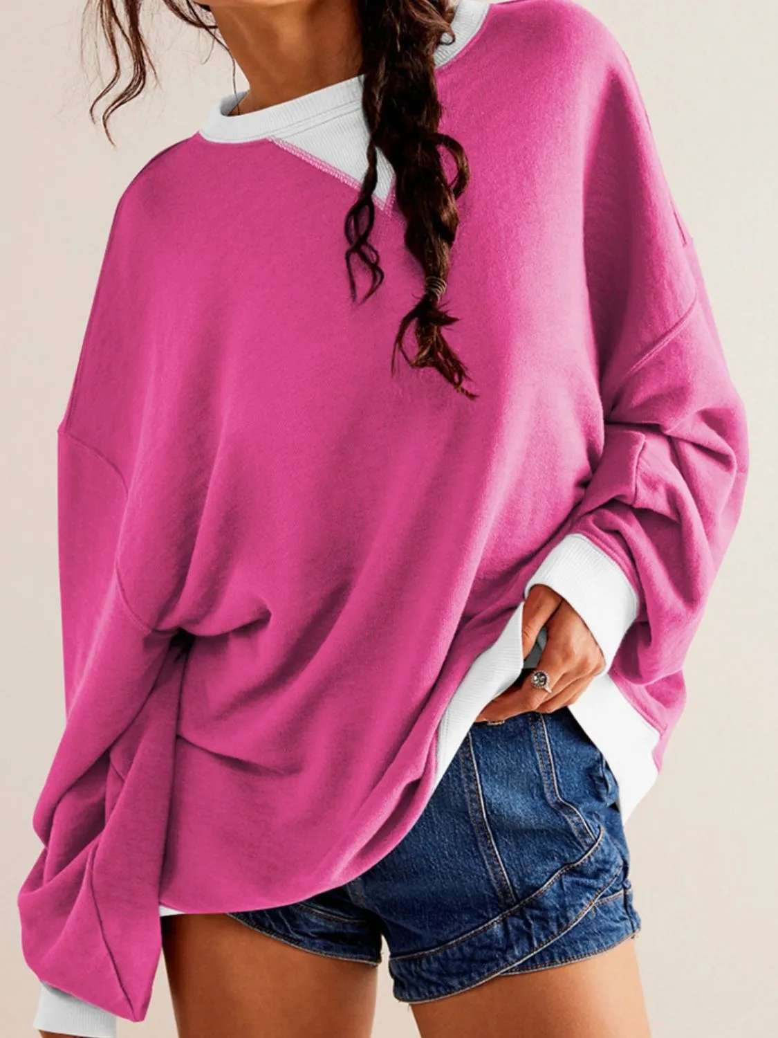 Dropped Shoulder Long Sleeve Sweatshirt with Contrast Detailing