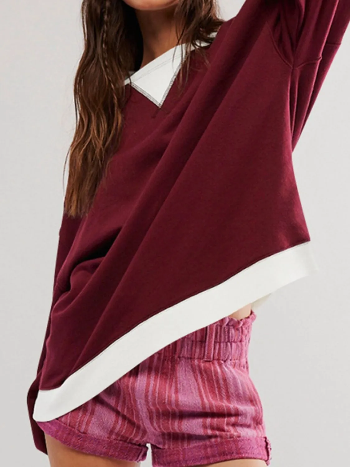 Dropped Shoulder Long Sleeve Sweatshirt with Contrast Detailing