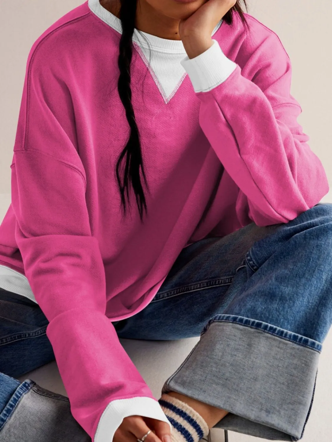 Dropped Shoulder Long Sleeve Sweatshirt with Contrast Detailing