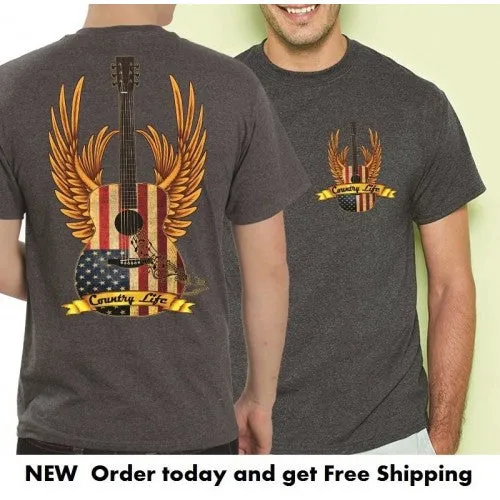 Country Life Outfitters USA American Flag Guitar Wings Vintage Unisex Gray Bright T Shirt