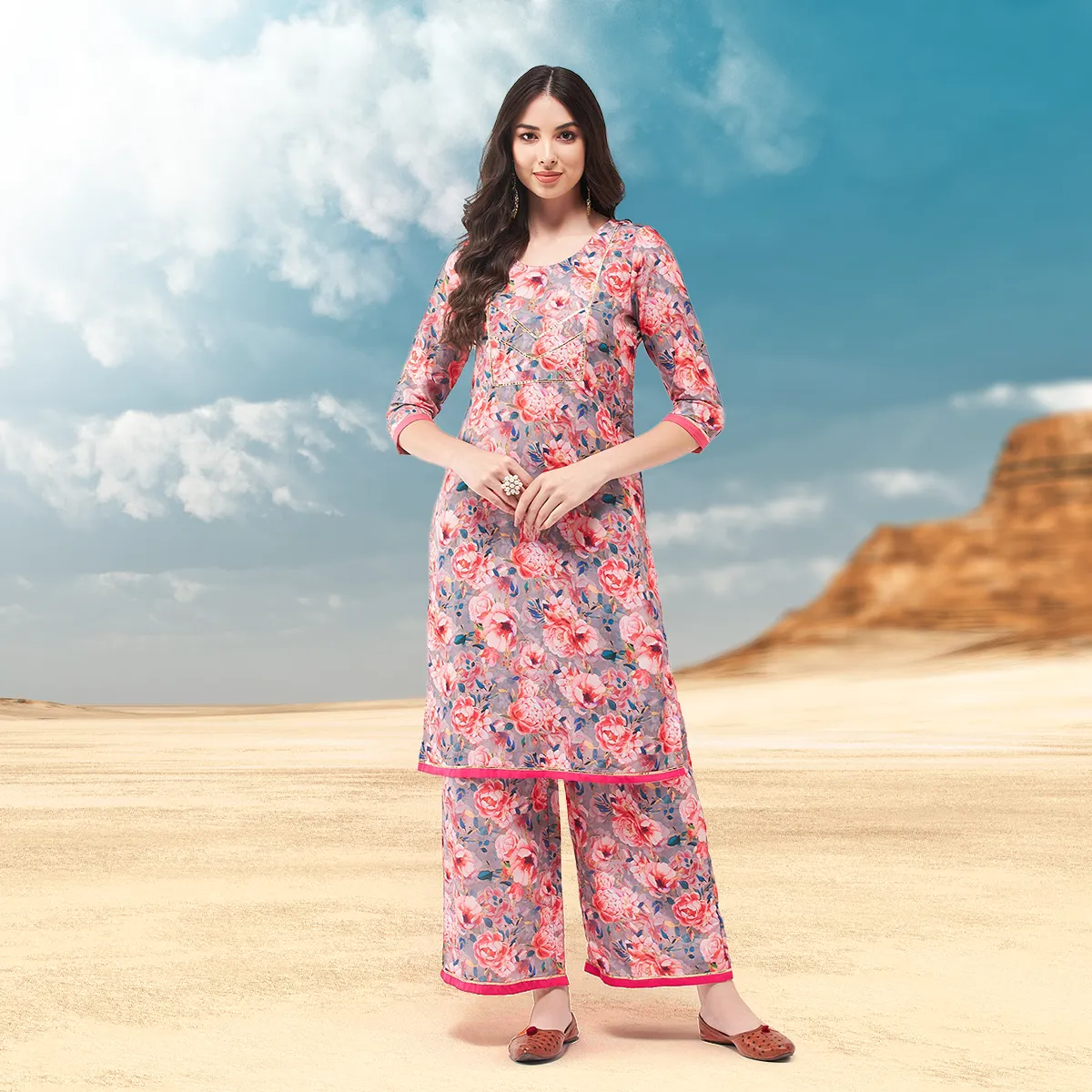 Digital Floral Printed Kurta With Palazzo Set