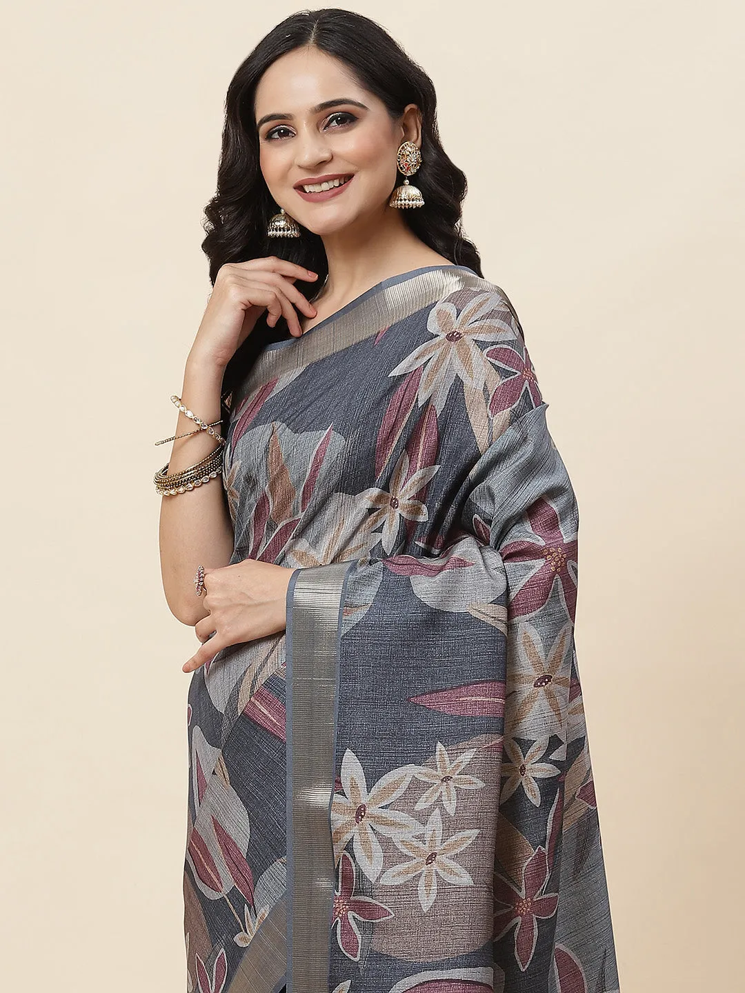 Digital Floral Printed Tussar Saree