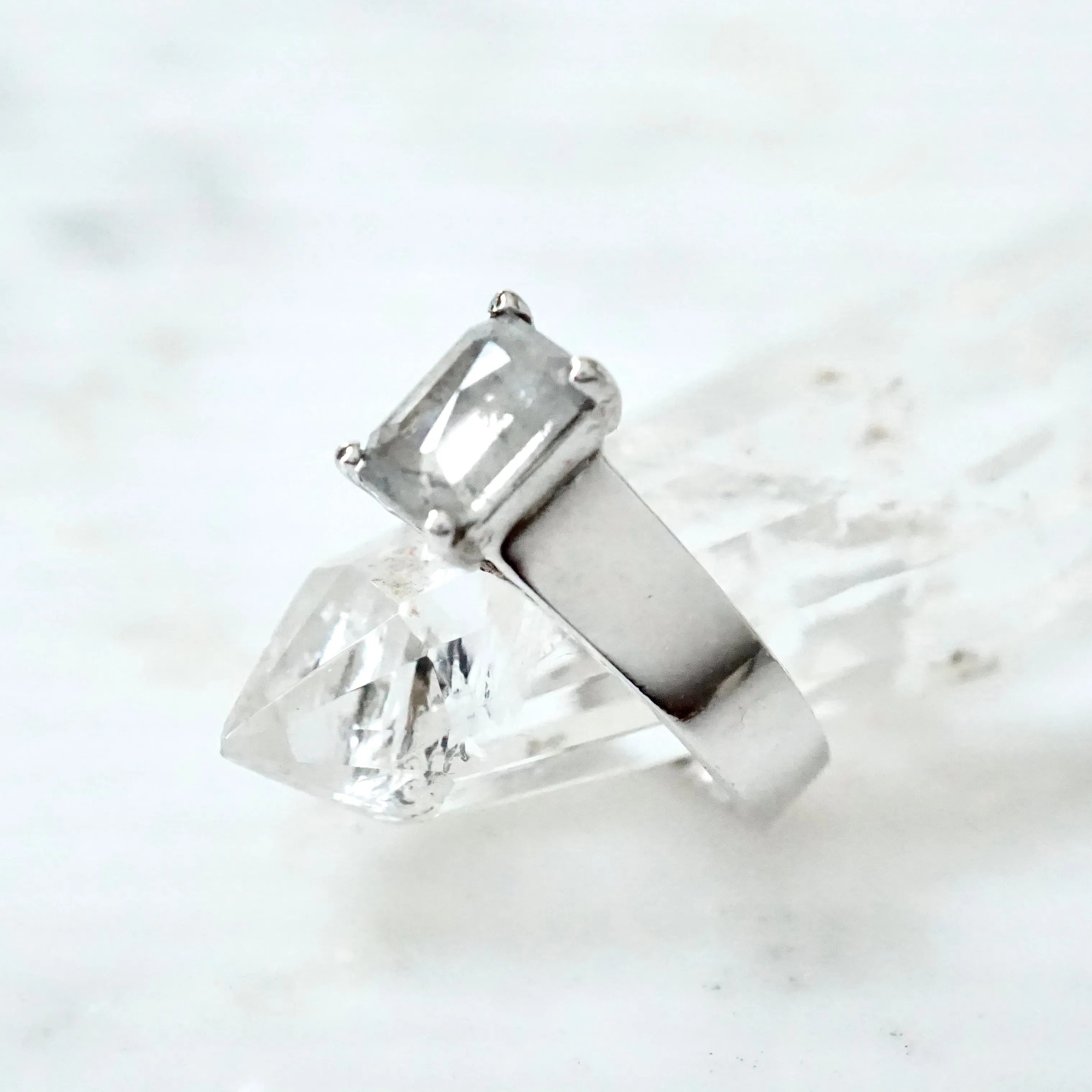 Emerald Cut Salt and Pepper Diamond Ring 14k White Gold - Emerald Cut Diamond Ring