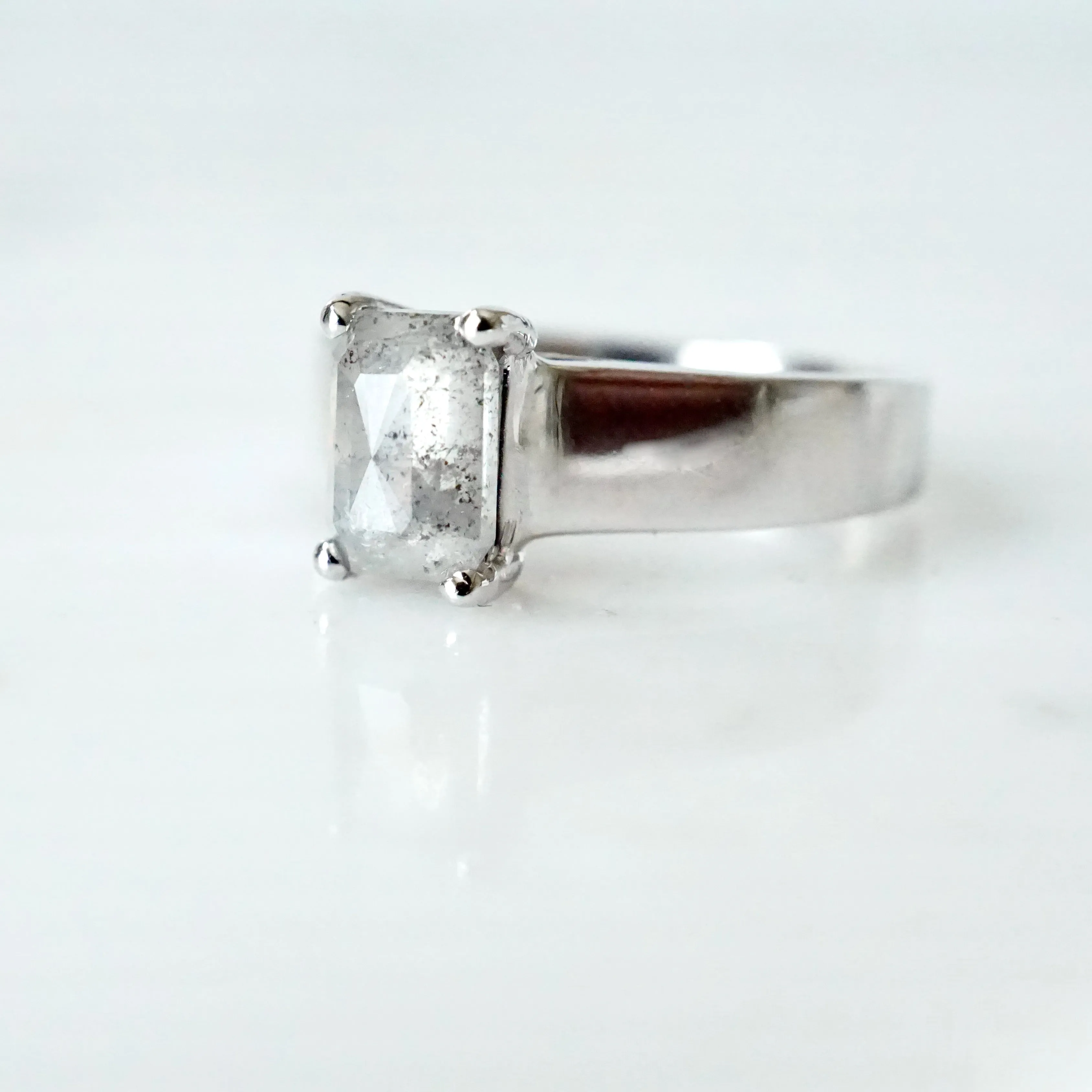 Emerald Cut Salt and Pepper Diamond Ring 14k White Gold - Emerald Cut Diamond Ring