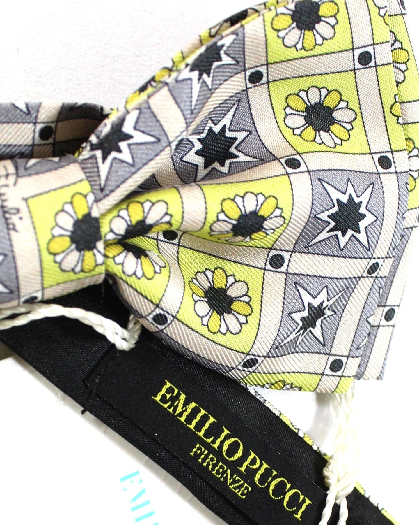 Emilio Pucci Silk Bow Tie Gray Bright Yellow Floral Geometric Pre-Tied SALE