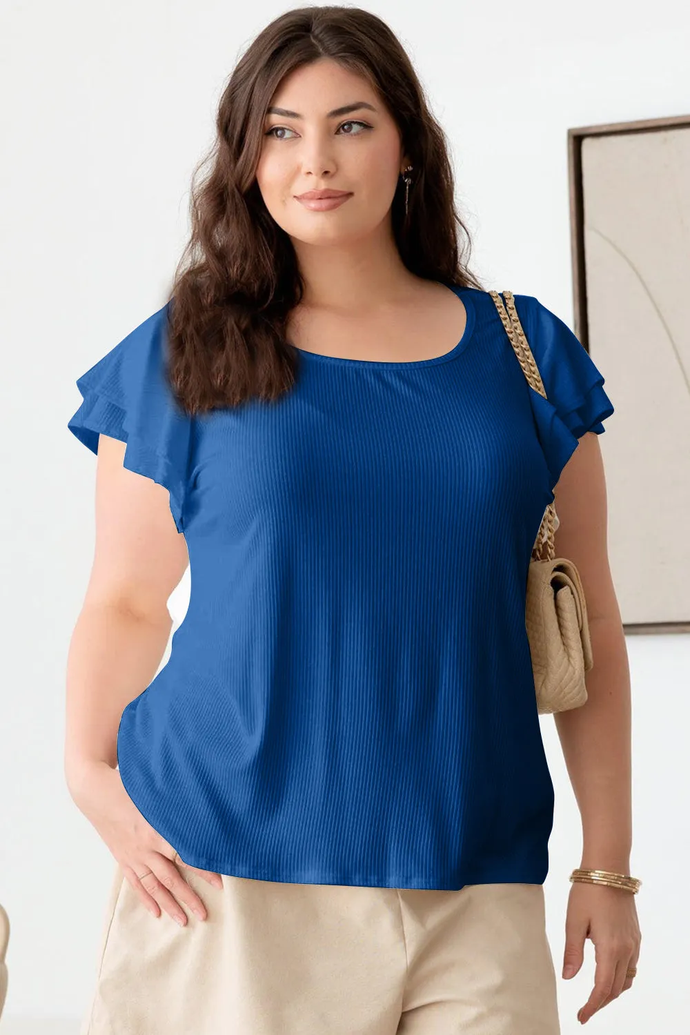 GILLI PLUS SIZE SHORT FLUTTERY SLEEVE ROUND NECK TOP