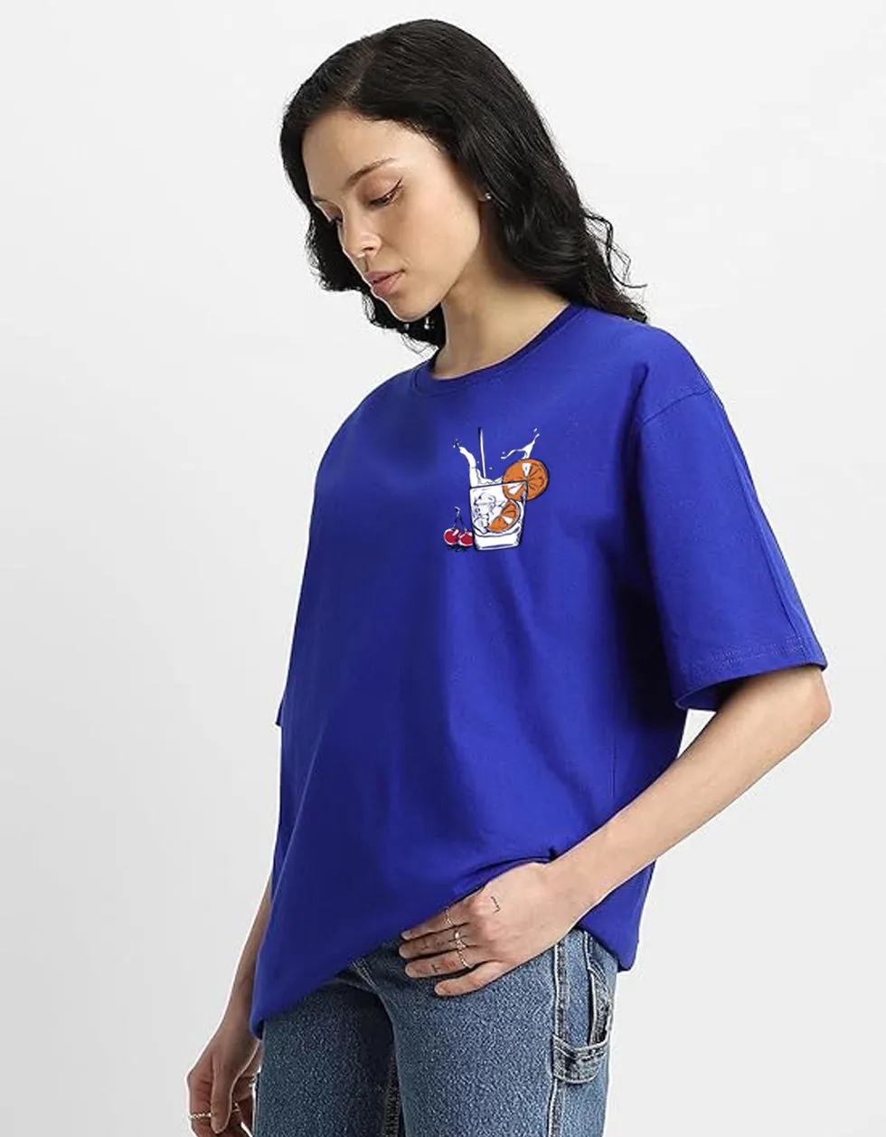 GLASS OF MILK Women Blue Oversized Back Puff Printed Tshirts