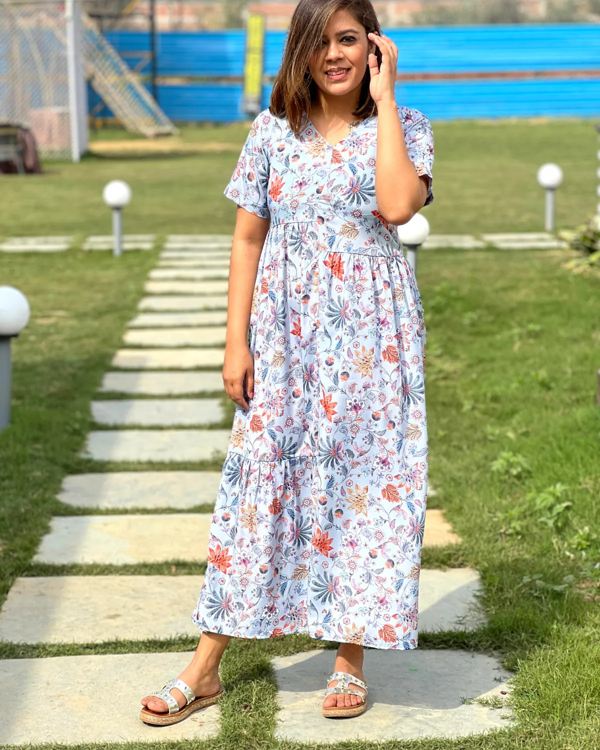 Grey Floral Printed Gathered Crepe Dress