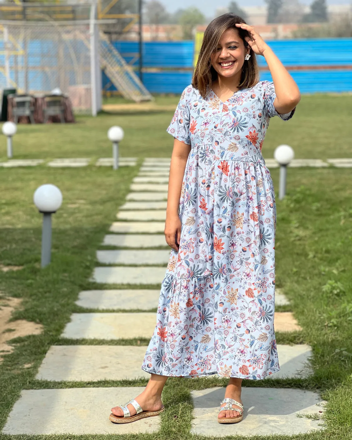 Grey Floral Printed Gathered Crepe Dress