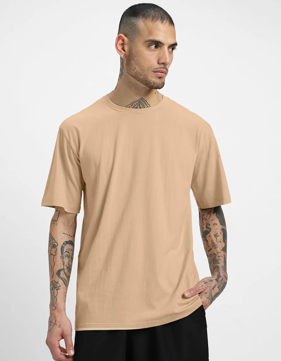 INNER IMAGE Beige Oversized Back Graphic Printed Tshirt